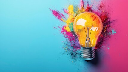 Bright Idea Illuminated Lightbulb in a Burst of Colorful Powder