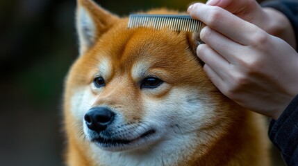 98.A close-up cropped shot of a woman combing the hair of a Shiba Inu dog with a comb brush, highlighting the connection between human and animal care, with the dog looking away peacefully.