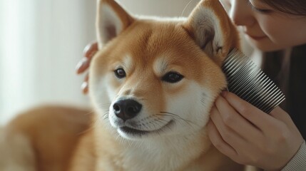 102.A close-up shot of a woman brushing a Shiba Inu dogâ€™s fur with a gentle comb, the dog looking calmly to the side, symbolizing the bond between pets and their owners, set against a simple white