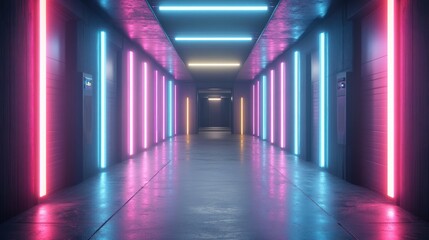 Fototapeta premium Neon Corridor, Futuristic Hallway