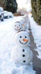 Naklejka premium A line of cheerful snowmen standing in a snowy street, winter wonderland scene, joyful snow sculptures.