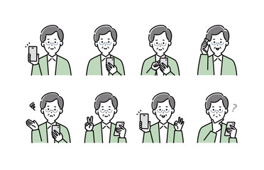 スマホを操作するシニア男性のイラストセット