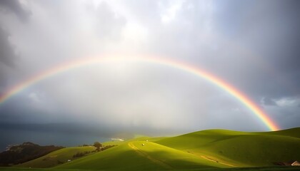 Obraz premium Stunning panoramic view of a vibrant rainbow arching over rolling green hills and a calm sea under a partly cloudy sky