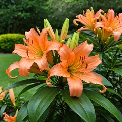 Fototapeta premium Peach Lilies in Lush Garden