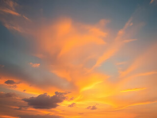 Obraz premium Stunning Sunset Sky with Orange and Blue Clouds, Peaceful Nature Scenery, Dramatic Weather Background