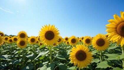 A Vibrant Field of Sunflowers Basking in Bright Sunlight Under a Clear Blue Sky