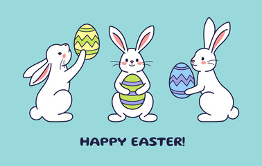 Easter character bunnies, rabbits, hares with painted eggs. Vector flat design, outline illustration. Easter character icon, mascot, sticker. Greeting card, postcard, Happy Easter concept