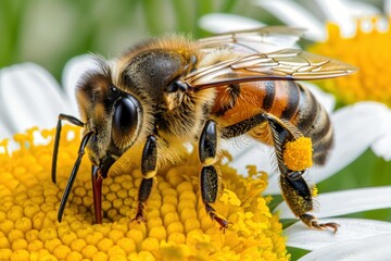 Naklejka premium A close-up of a bee collecting pollen from a vibrant yellow flower, showcasing its intricate details and importance to pollination.