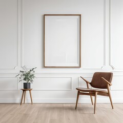 Minimalist Living Room Interior with Empty Frame and Modern Chair