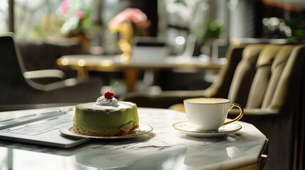 Fototapeta premium Boardroom to Tea Room: Matcha Chiffon & Gold-Rimmed Teacup on Marble - Ultimate Hybrid Work Visual for Corporate Catering/Lifestyle Brands