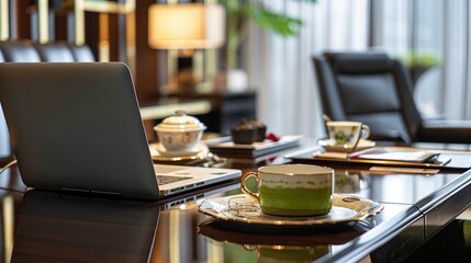 Boardroom to Tea Room: Matcha Chiffon & Gold-Rimmed Teacup on Marble - Ultimate Hybrid Work Visual for Corporate Catering/Lifestyle Brands