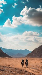 Two silhouetted figures hiking across a remote desert landscape surrounded by towering mountains and a dramatic sky filled with clouds