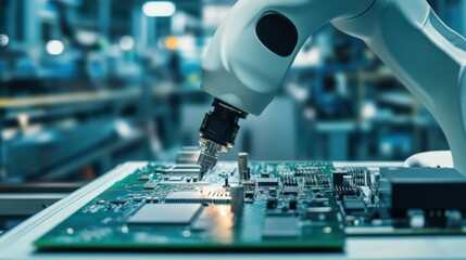 AI powered robotic arm assembling computer parts in a high tech electronics factory, futuristic factory with robotic arms and digital assembly lines, Tech style