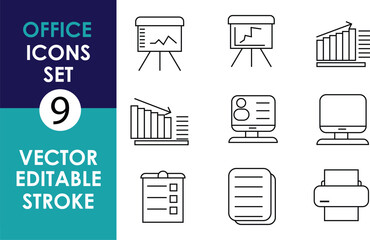 A set of 9 black vector office icons with editable stroke, including charts, graphs, a checklist, documents, a printer, and a computer monitor on a white background