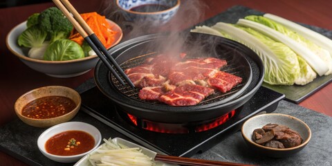 Fototapeta premium Savory and sweet Concept. Sizzling Grilled Meat with Fresh Vegetables and Sauces on a Traditional Korean Table Setup