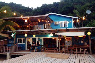 A cozy, vibrant seaside restaurant with wooden deck, colorful lights, and lush greenery, perfect for evening gatherings.
