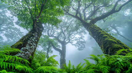 Fototapeta premium Green foliage of old trees fills the sunny forest, a natural landscape in the woodsGreen foliage of old trees fills the sunny forest, a natural landscape in the woods