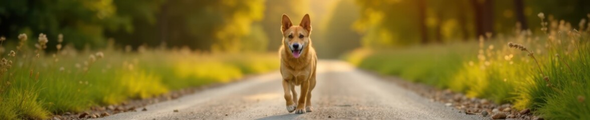 Dog walking on rural road with blurred background, landscape, dog