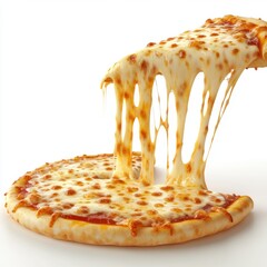 A slice of pizza with melted cheese is being pulled out of a box