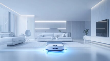 AI powered robotic cleaner vacuuming the floor in a smart home with connected appliances, sleek living room with an automated robotic cleaner, High-tech style