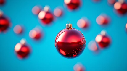 Fototapeta premium Shiny red christmas ornaments float against a bright blue background