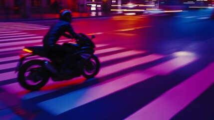 A lone motorcycle rider navigates through the vibrant neon lit streets of a dynamic urban landscape at night capturing a sense of speed energy and the thrill of the open road