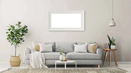 Naklejka premium A white rectangular frame in a cozy living room, displayed above a grey couch, with a side table, plants, and a textured rug. HD 8K mockup wallpaper Photographic Image