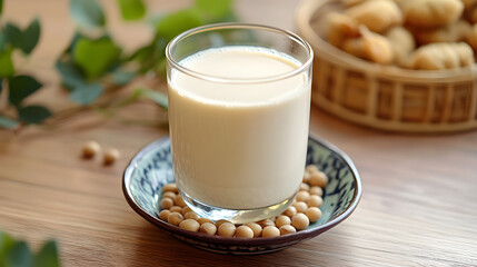 Fresh Homemade Soy Milk Made from Soaked Dried Soybeans on Wooden Table with Natural Decor