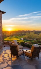 a patio with chairs and a golf course in the background