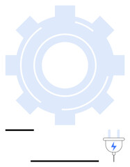 Large gear in soft blue adjacent to a minimalistic electric plug. Ideal for technology, energy, innovation, automation, renewable energy, industry, and modern solutions. Flat simple metaphor