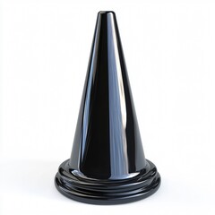 Glossy black cone, isolated on a white background. Reflective surface with a round base