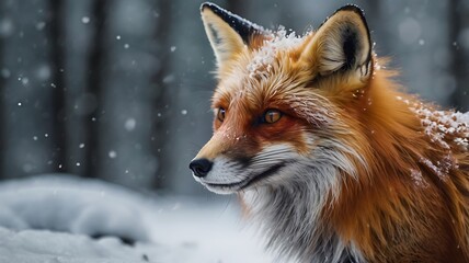 Obraz premium Photorealistic 3D image of a red fox in a snowy forest, fur detailed with frost on whiskers