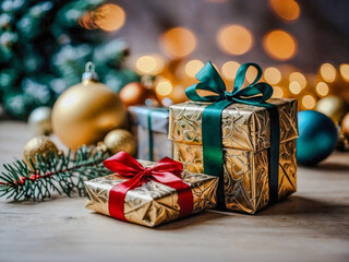 Elegant Christmas gift packages in a bright festive setting