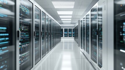 AI powered system monitoring a data center, clean, high-tech server room with rows of servers