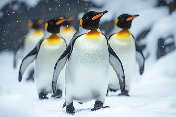 Fototapeta premium Group of Penguins Waddling Through Pristine Snow in Their Natural Habitat During a Sunny Winter Day