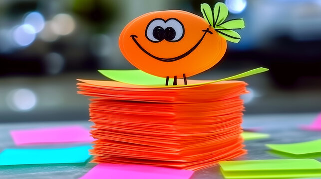Orange Sticky Note Stack with Smiling Face Decoration