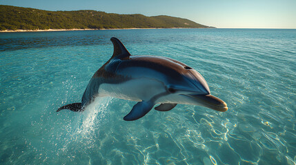 Obraz premium A playful bottlenose dolphin, a marine mammal, leaps from the blue sea water in a wild, fun jump