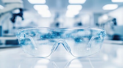 Augmented reality glasses displaying real time data in a tech lab, clean and bright research environment with futuristic equipment, Futuristic style
