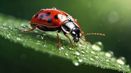 Fototapeta premium Stunning 3D render of a ladybug resting on a dew-covered leafV