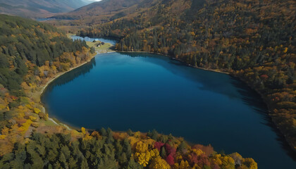 Aerial View of Saint Ana Lake Surrounded by Autumn Forest Scenery
