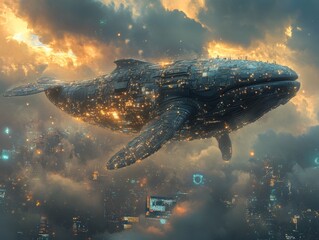 Naklejka premium Celestial Navigator: A Cybernetic Whale Soars Over the Neon Cityscape at Sunset, Blending Nature with Futuristic Technology in a Dreamlike Vision.