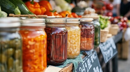 Colorful jars of pickled vegetables on display at a market