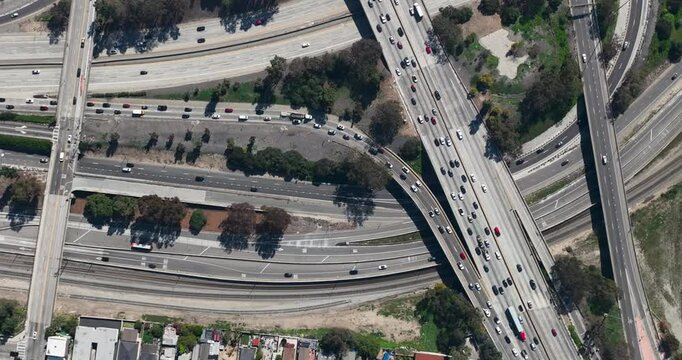 Aerial view of busy road on multilevel highways, traffic on bridges, Los Angeles, California