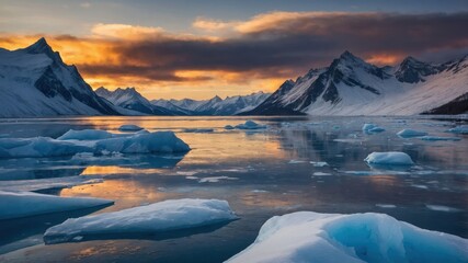 Ice Floes Floating on Lake Reflecting Snow Covered Mountains at Sunset