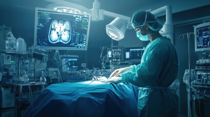 Autonomous AI powered robotic surgeon performing complex heart surgery, sterile high-tech operating room with real-time holographic guidance, futuristic medical breakthrough