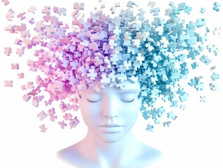 3D Illustration Of Woman's Head With Exploding Puzzle Pieces In Blue And Pink