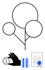 Black tree metaphorizing growth, hand holding coin, document with certification. Ideal for finance, sustainability, certification, investments, business integrity growth eco-awareness. Flat simple