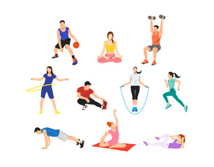 People in various healthy lifestyle poses, including exercising, yoga, and jogging, for wellness campaigns, fitness branding, healthcare designs, and motivational projects.