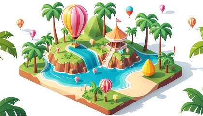 Obraz premium Tropical Island Getaway Isometric Paradise with Hot Air Balloons