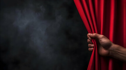 Photo of Hand Pulling Red Curtain Revealing Dark Background with Smoke